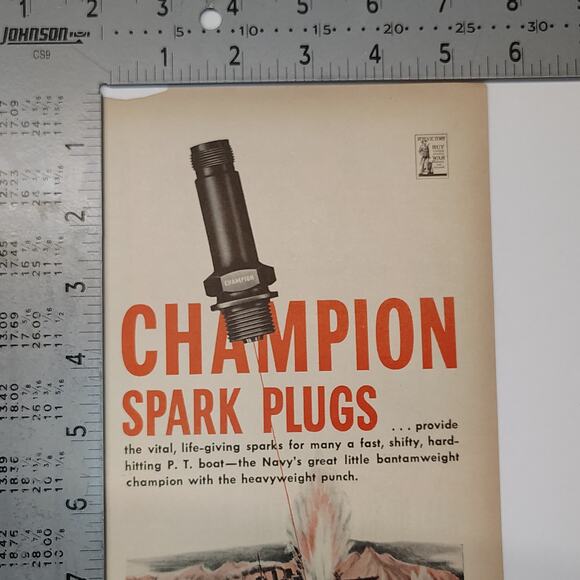 1943 Champion Spark Plug Print Ad Navy Battle Scene 1940s Automotive Ephemera - Picture 5 of 8